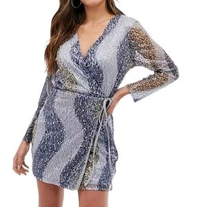 Club L London Silver & Gray Sequin Wrap Mini Dress
